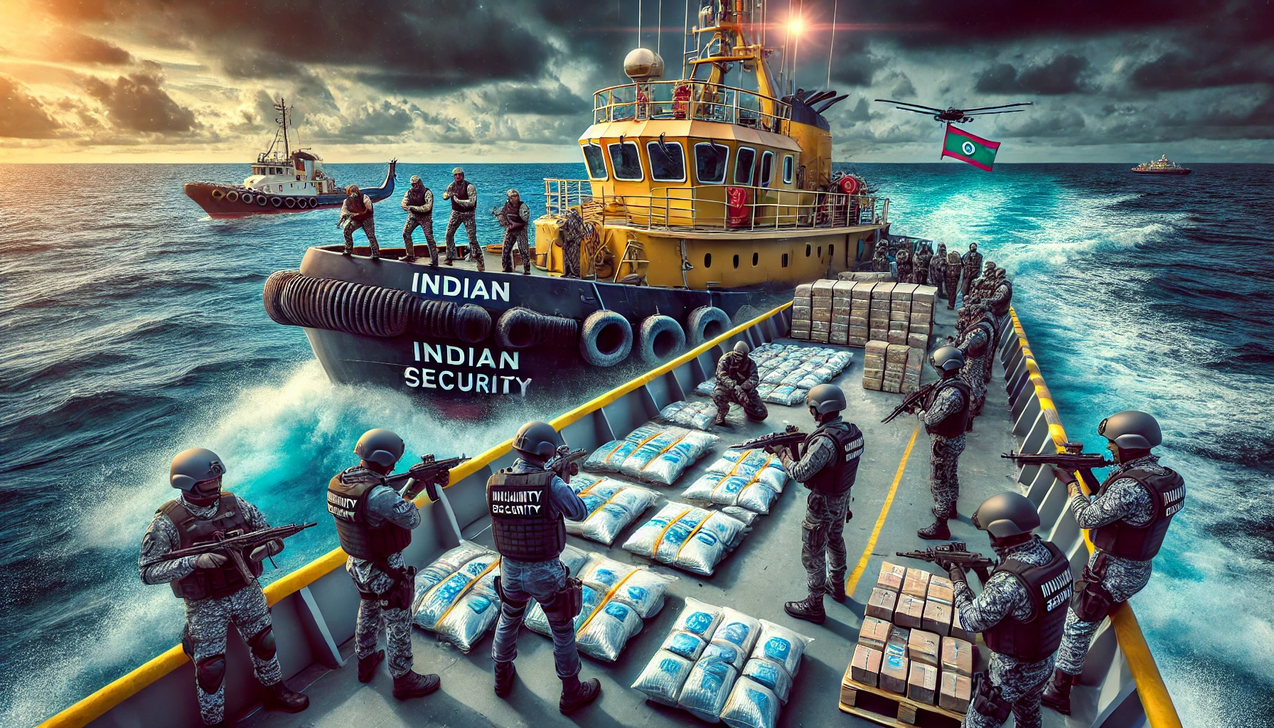 DALL·E 2025-03-10 05.03.13 - A dramatic scene of Indian border security forces using a patrol vessel to intercept a tugboat smuggling narcotics to the Maldives. Armed officers in